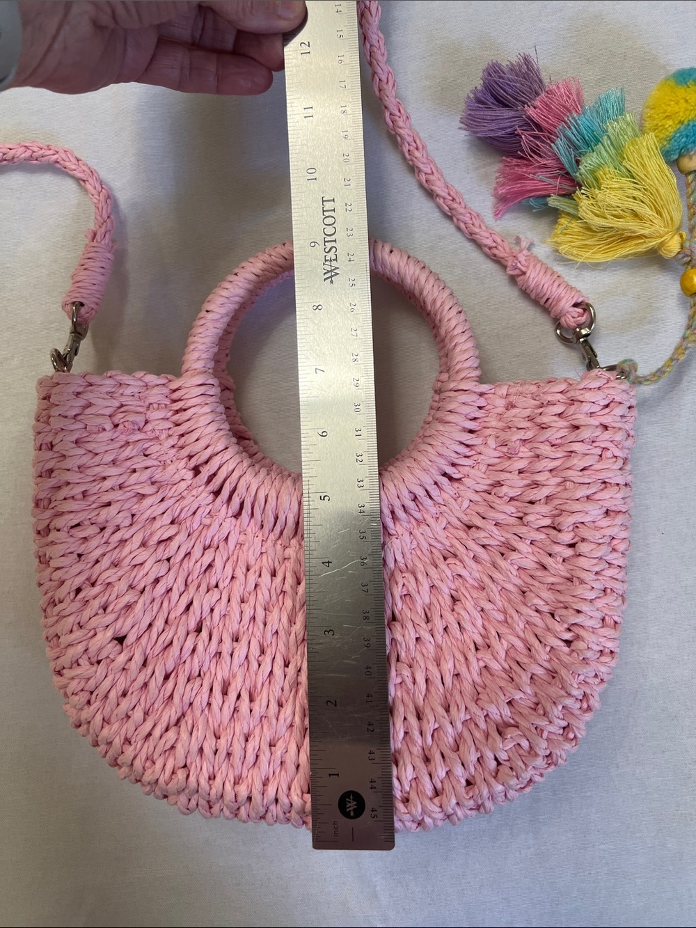 Most Wanted USA Pastel Pink Straw Top Handle Crossbody Boho Bag Tassels PomPom - Picture 10 of 12